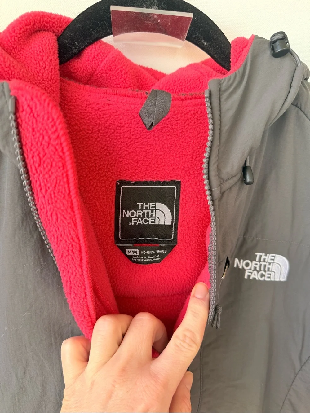 The North Face Women's Denali Hooded Fleece Jacket in pink and gray size medium